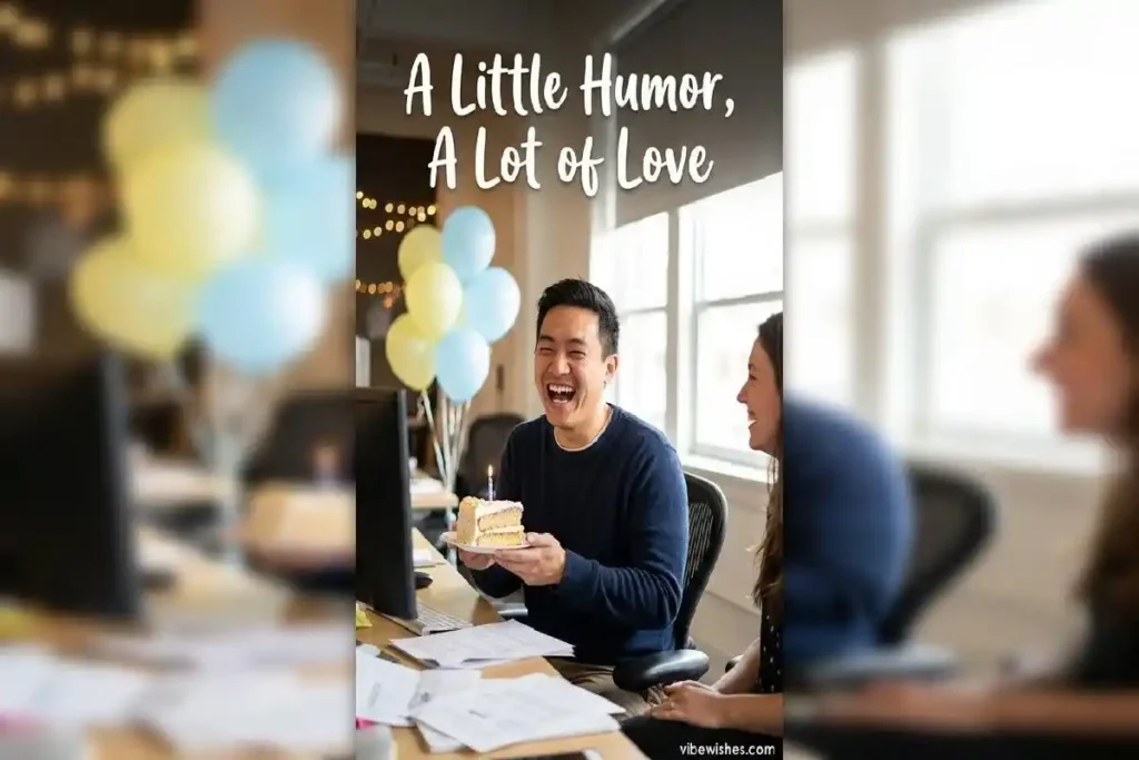 "Coworker laughing while eating birthday cake at the office desk with balloons in background"
