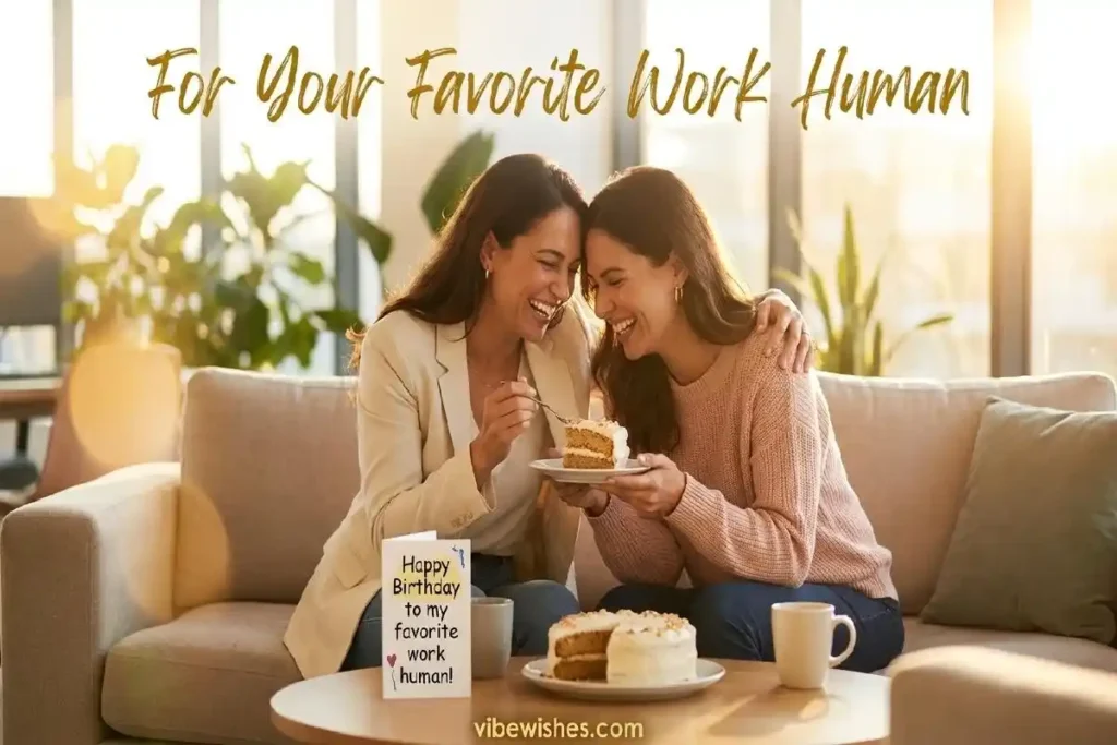 "Two best work friends sharing birthday cake and laughing together in office break room representing funny birthday wishes for closest coworker"