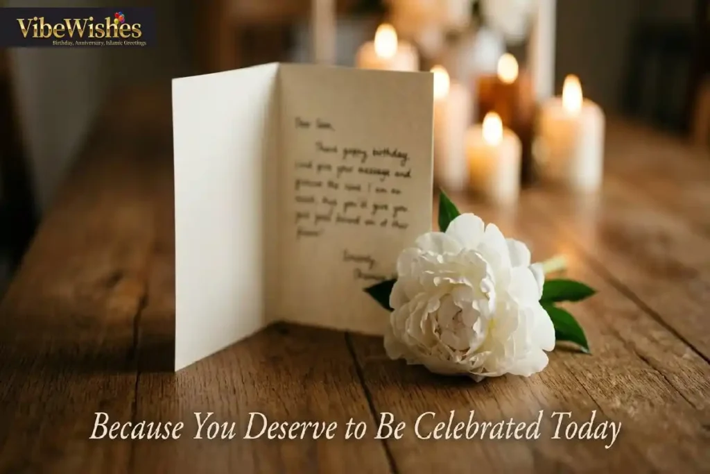 "Open birthday card with white peony and candlelight representing heartfelt birthday wishes for coworker going through a hard time"