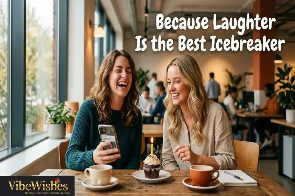 "Two office colleagues laughing together over funny birthday message showing humor breaking the ice with new coworker"