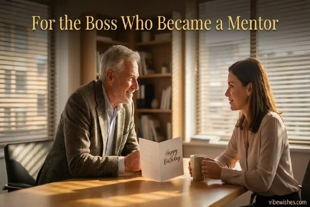  "Mentor and mentee sharing birthday card moment at office table showing birthday wishes for a boss who is also a mentor"