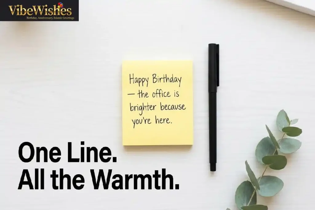 "Handwritten birthday message on yellow sticky note showing one line birthday wishes for coworker short and warm"