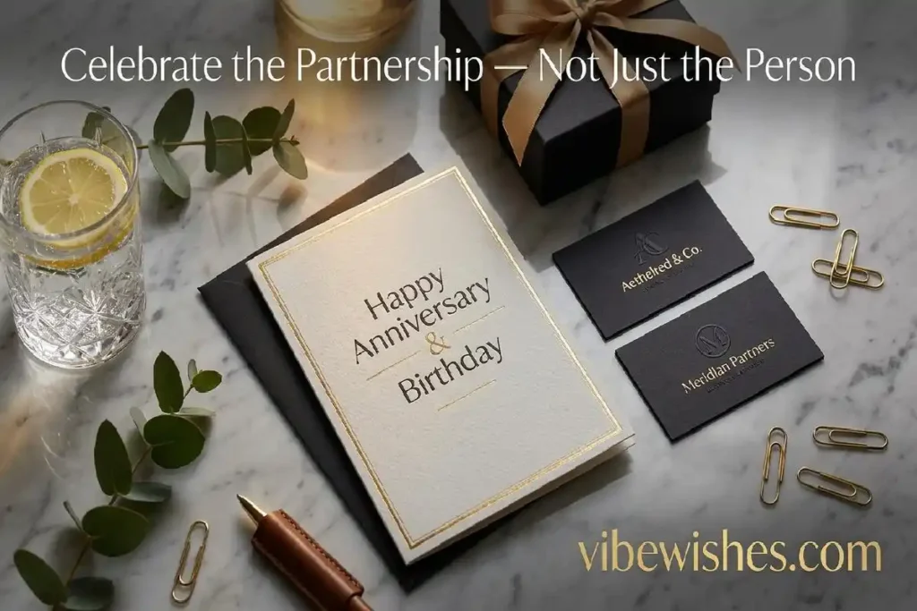 "Business birthday card flatlay with gift and corporate elements representing professional birthday wishes for clients and business partners"