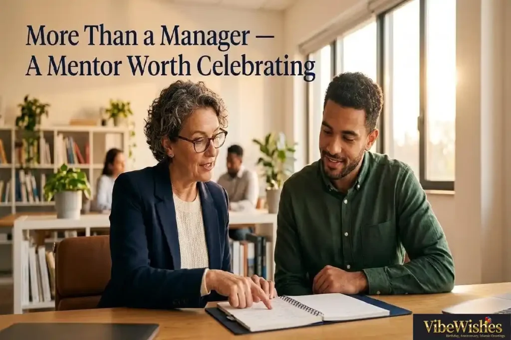 "Manager mentoring employee at desk representing deep birthday wishes for a manager who is also a mentor and career guide"