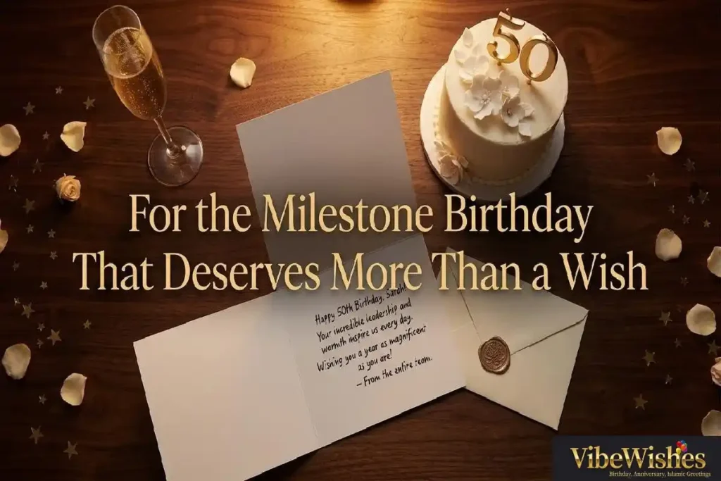 "Elegant milestone birthday card and cake flatlay representing group birthday wishes for manager on milestone birthday from whole team"