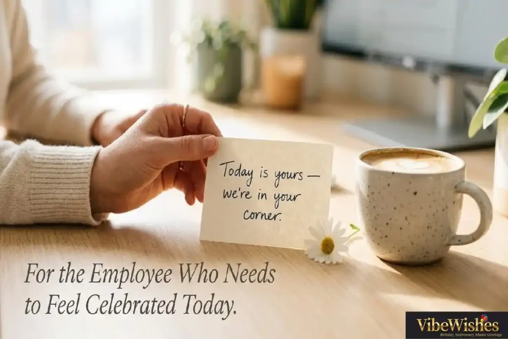 "Manager's handwritten encouragement note beside coffee representing gentle birthday wishes for an employee going through a difficult time"