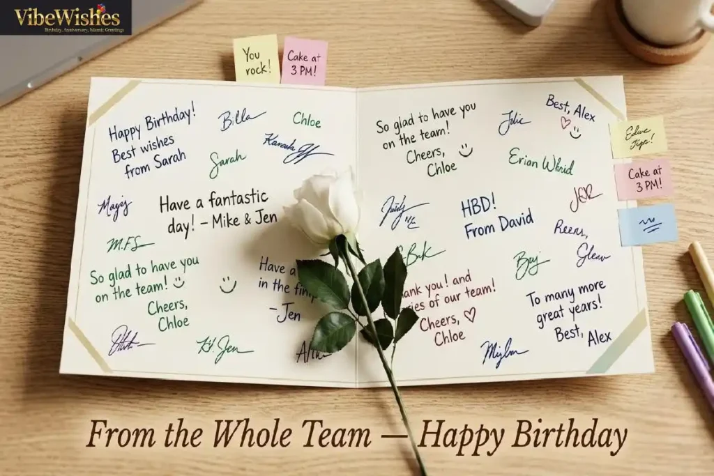 "Group birthday card with multiple handwritten messages from team showing collective birthday wishes for intern from the whole office"