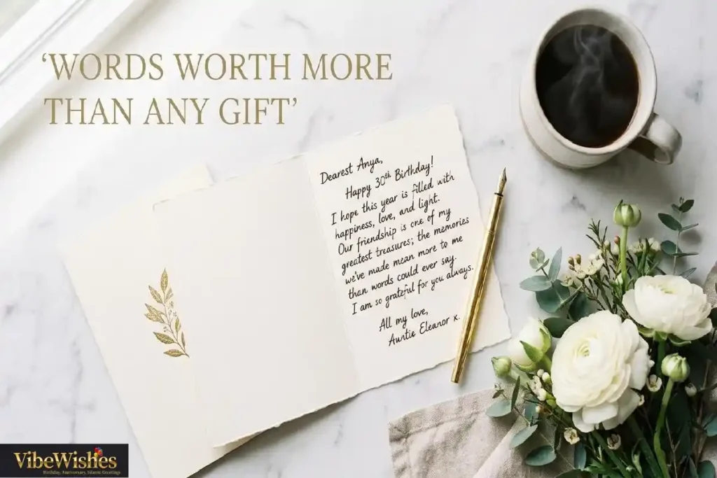 "Elegant open birthday card with handwritten message and white flowers showing deep and meaningful birthday wishes for junior colleague"