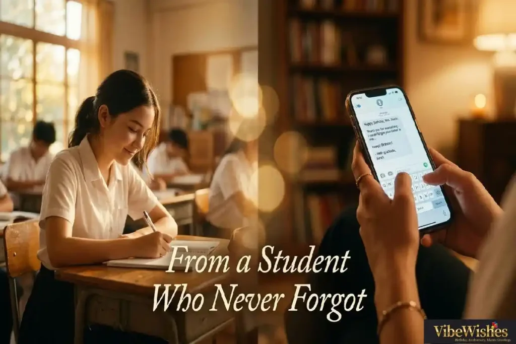  "Adult hand typing birthday message on phone with nostalgic classroom memory in background representing birthday wishes to teacher from student who never forgot"