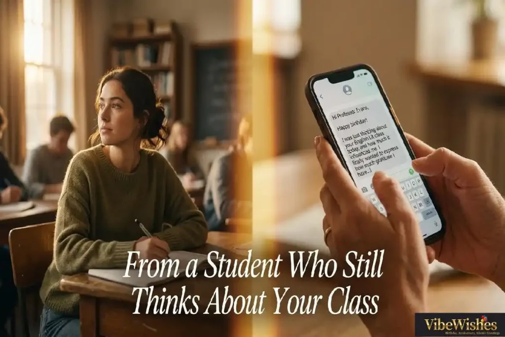 "Adult composing birthday message on phone with nostalgic university seminar memory representing personal and grateful birthday wishes to my professor years later"