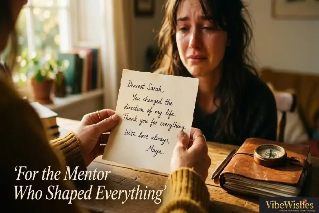  "Hands holding emotional handwritten letter with compass representing deeply personal birthday wishes to my life mentor who changed everything"