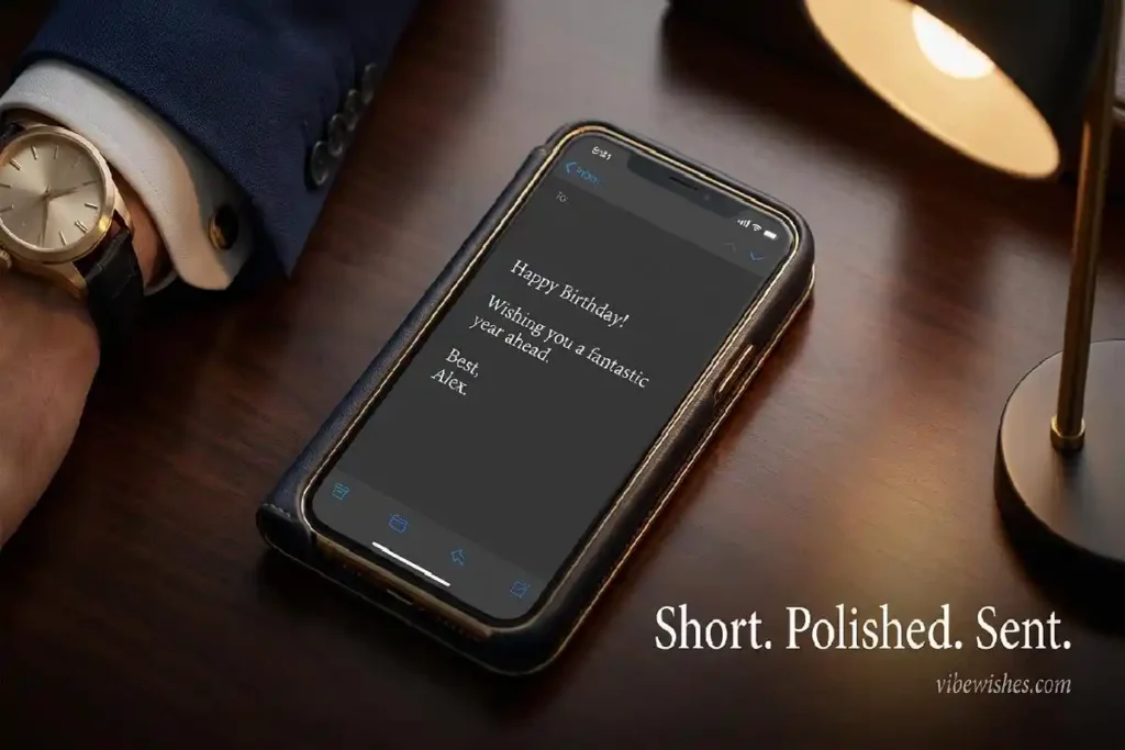 "Smartphone displaying professional birthday message on executive desk representing short formal birthday wishes ready to send to boss"