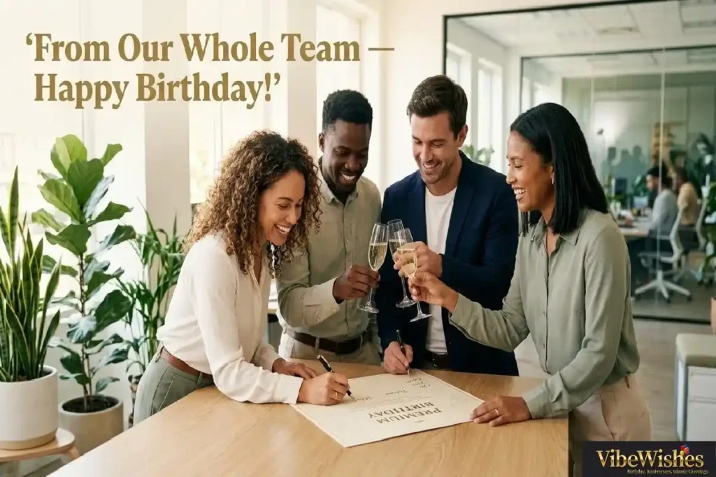 "Professional team signing birthday card and raising glasses representing warm group happy birthday message to valued client from entire business team"