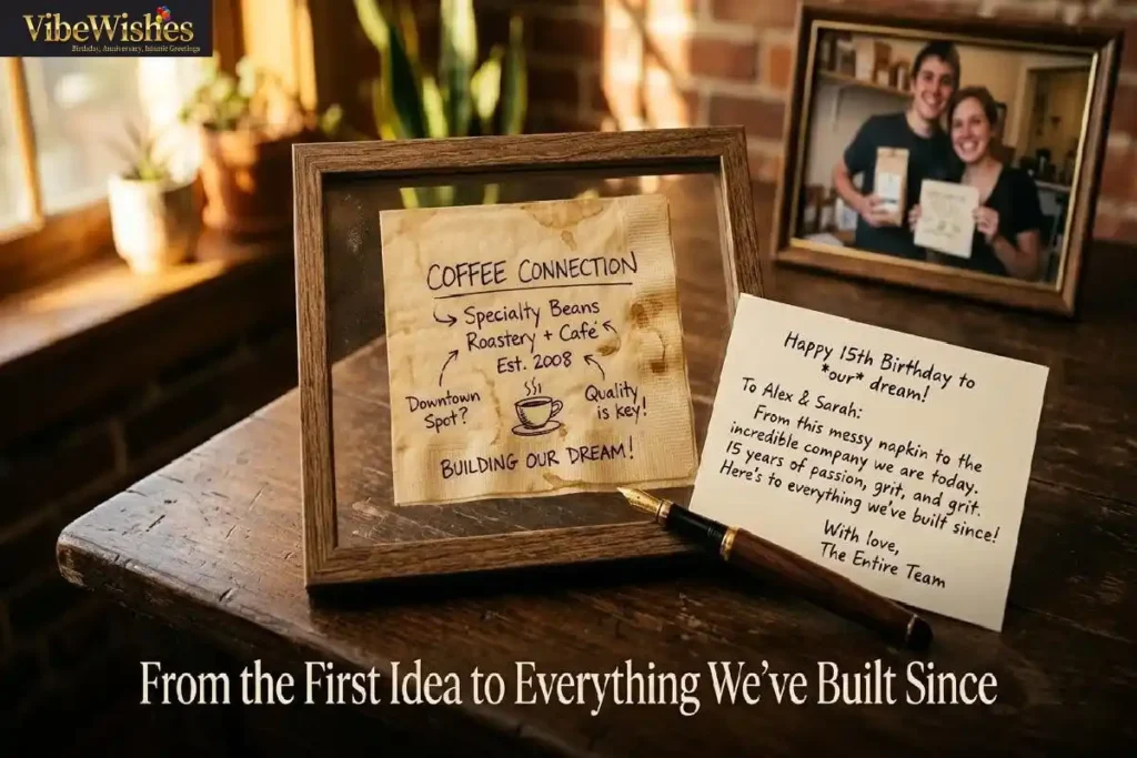  "Original business idea sketched on napkin in frame beside birthday card representing deeply personal birthday wishes for co-founder from the very beginning"