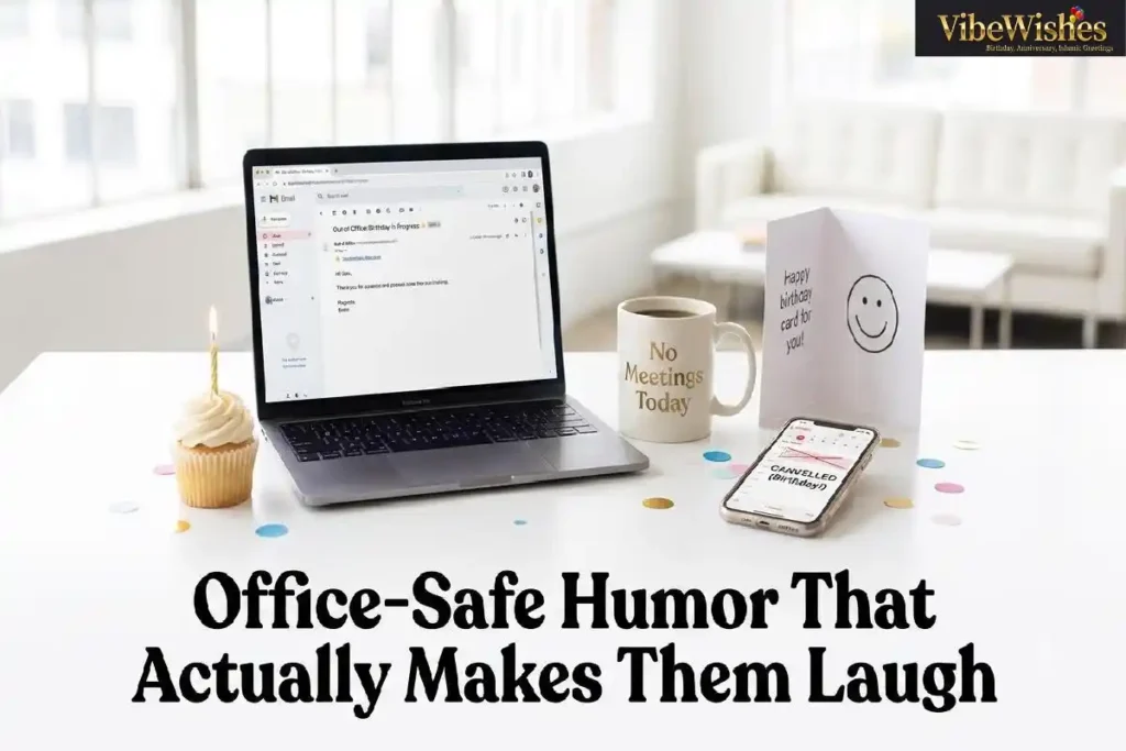 "Playful office birthday desk with cupcake and laptop showing out of office message representing funny corporate birthday wishes with office-safe professional humor"