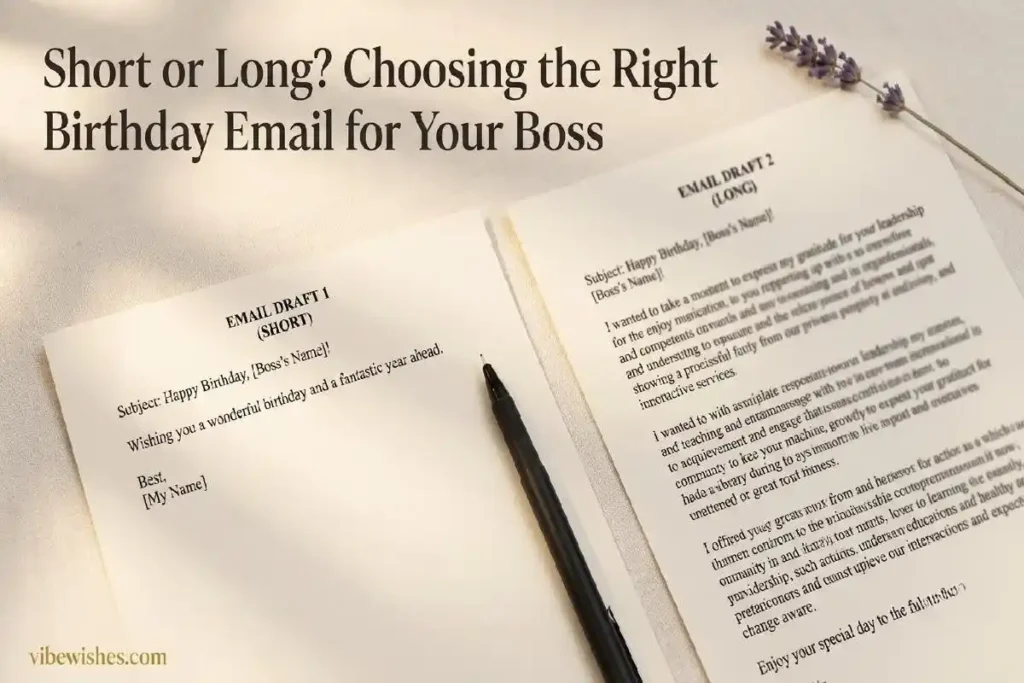 "Two birthday email drafts side by side on white linen surface representing the choice between short and long birthday emails for boss"