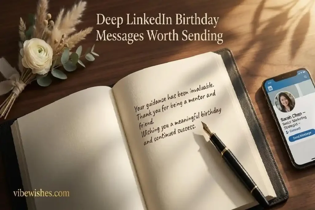  "Open notebook with handwritten professional birthday note beside smartphone showing LinkedIn profile representing deep LinkedIn birthday messages"