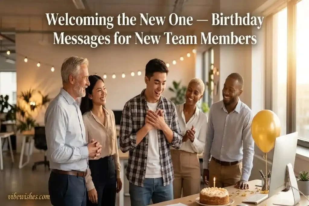 "Diverse office team welcoming a new team member with a birthday celebration representing a birthday message for office group new colleague"