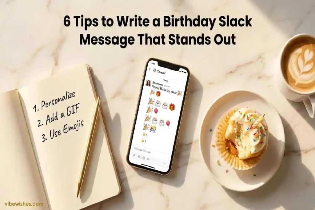 "Smartphone showing Slack birthday message thread beside notebook with tips on how to wish happy birthday on Slack for a coworker"