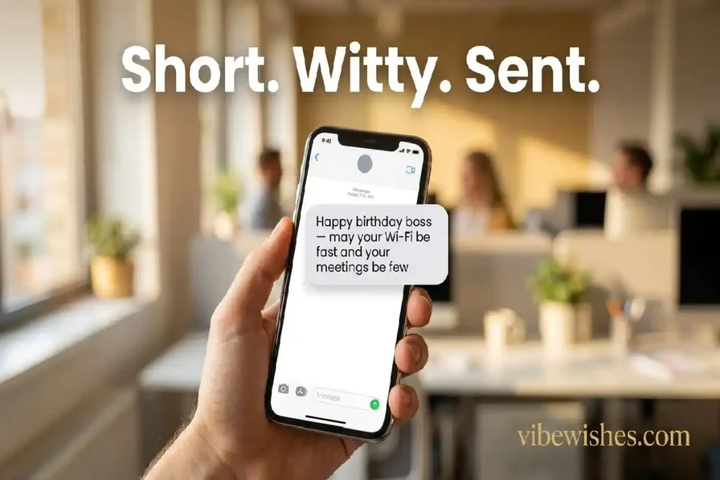 "Smartphone displaying short funny birthday message for boss in messaging app representing witty birthday wishes ready to send"