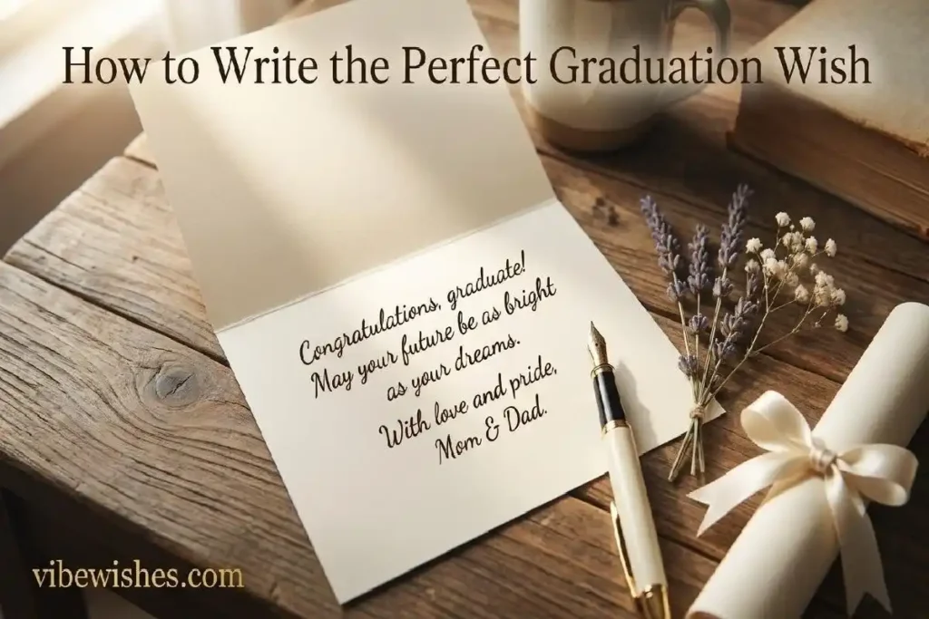 "Handwritten graduation card beside a fountain pen and diploma on a rustic wooden table representing how to write the perfect graduation wish"