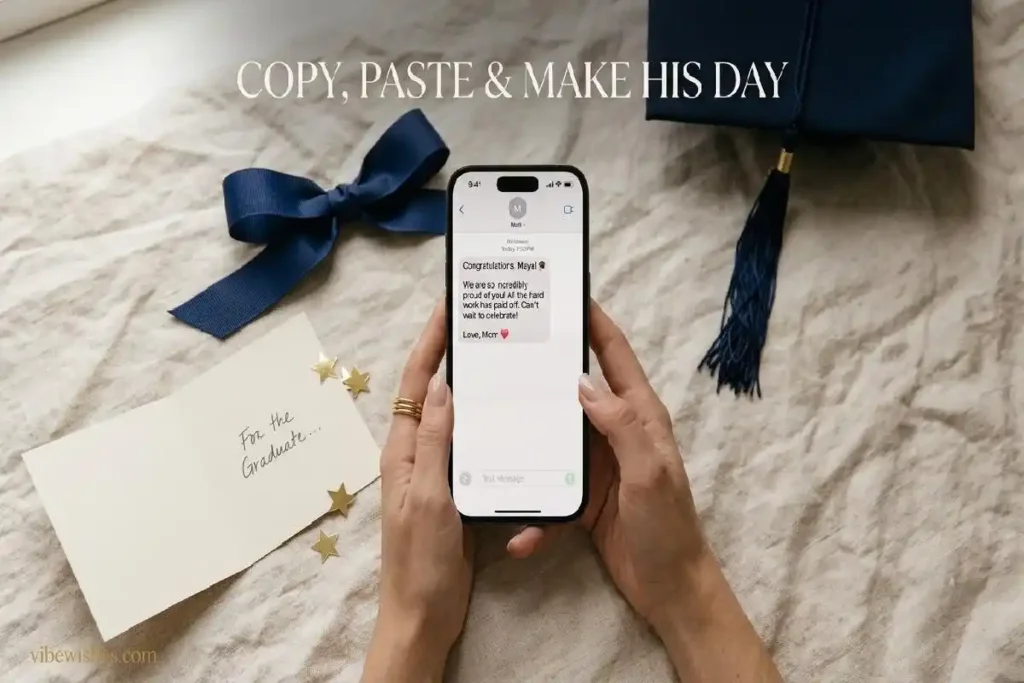 "Woman's hands holding smartphone with graduation congratulations message representing copy and paste graduation wishes for boyfriend"