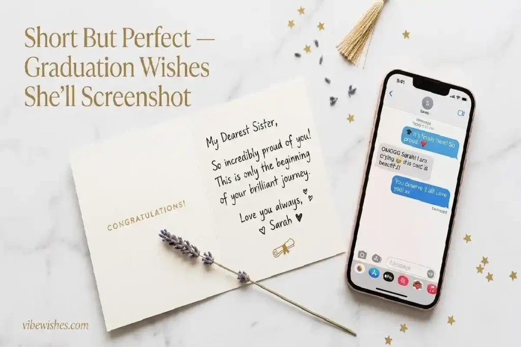 "Open graduation card with short message beside a phone showing a text between sisters representing short graduation wishes for sister"