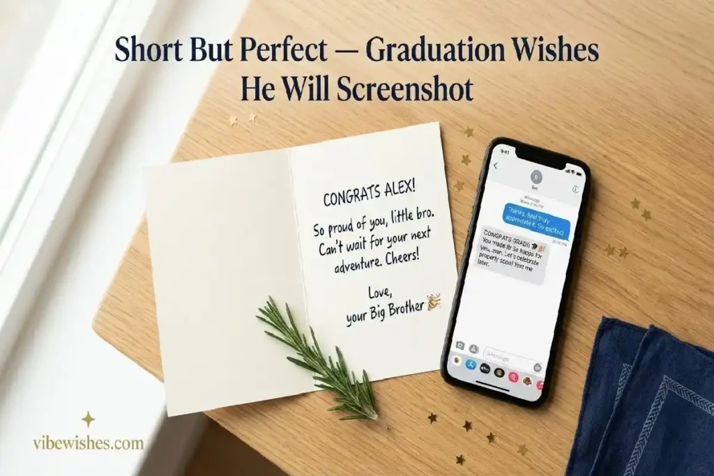 "Open graduation card with short message beside a phone showing a text between brothers representing short graduation wishes for brother"