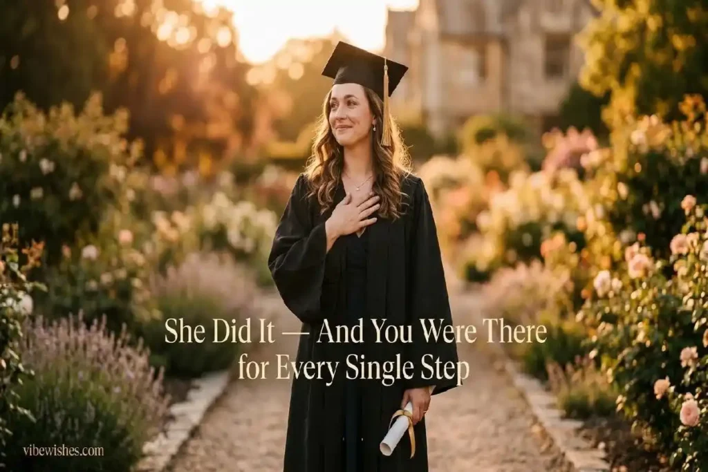  "Open graduation card with short message beside phone showing a husband's text and wedding ring representing short graduation wishes for wife"