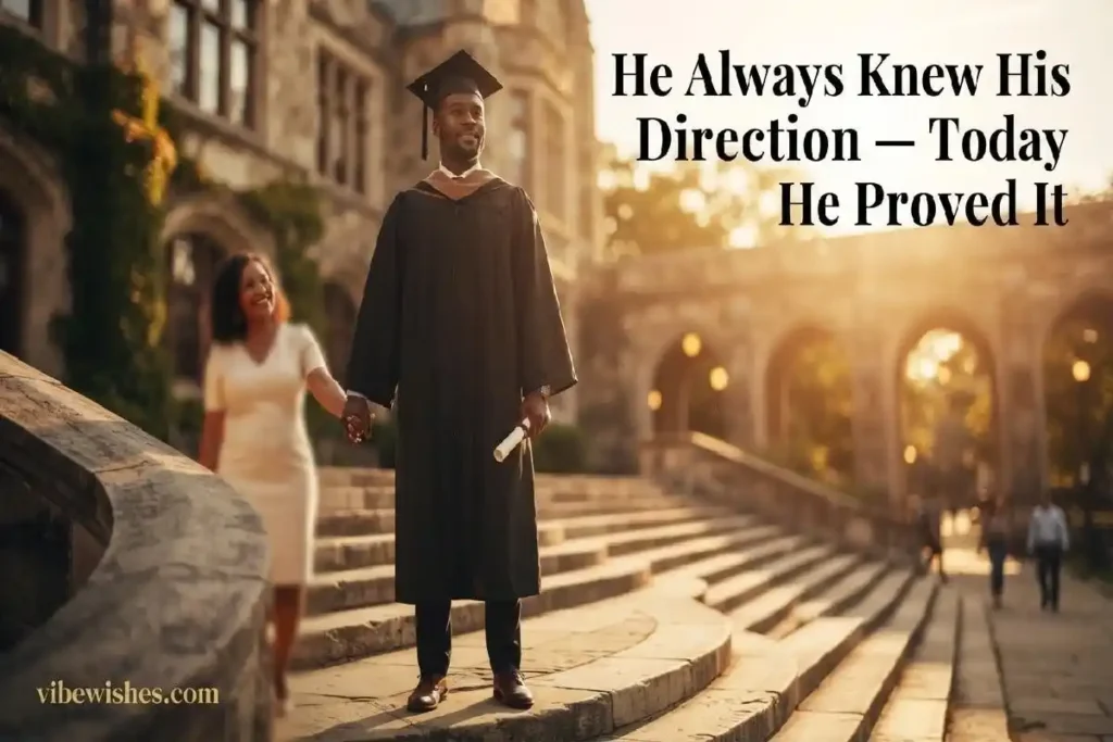 "Husband in graduation cap and gown standing confidently at university staircase representing inspirational graduation messages from proud wife"