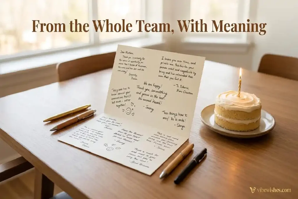 "Team birthday card with multiple short handwritten messages and birthday cake representing brief birthday wishes for boss from the whole team"