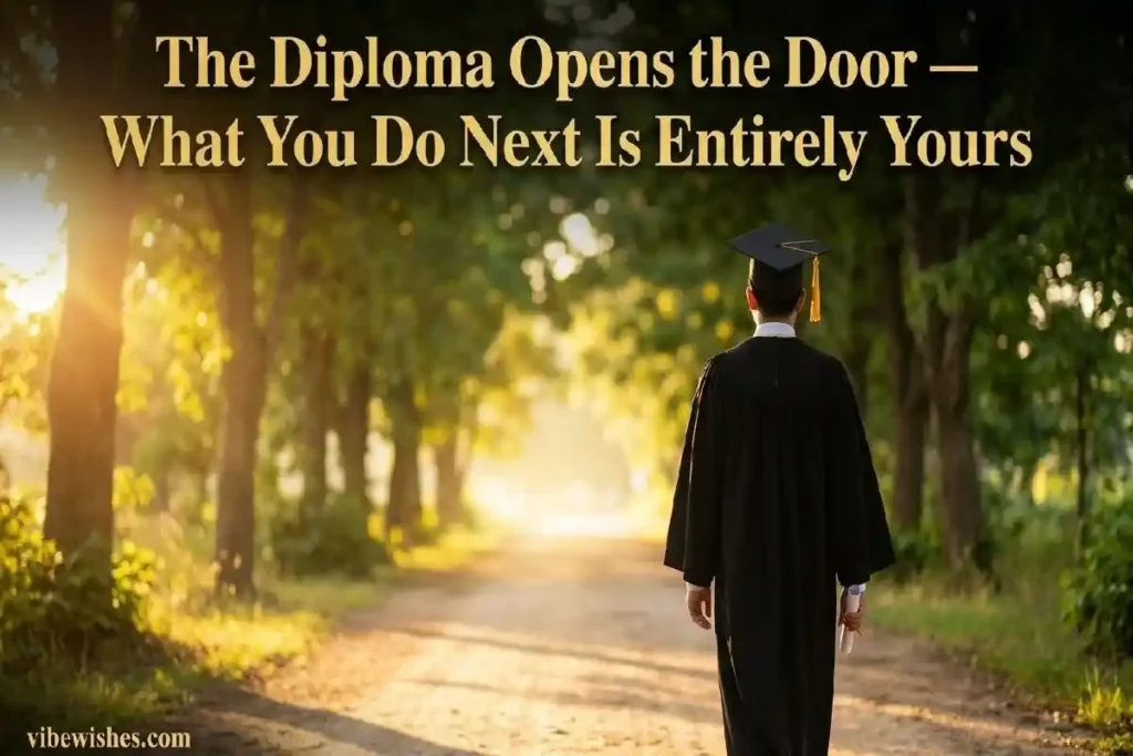 "Graduate walking confidently down sunlit pathway with diploma representing inspirational high school graduation messages about the future"