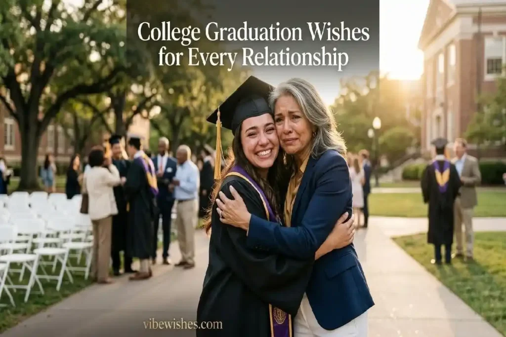 "Parent and college graduate sharing emotional hug on campus representing graduation wishes for every relationship"