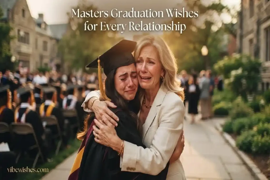 "Parent and masters graduate sharing emotional embrace at graduation ceremony representing masters graduation wishes for every relationship"