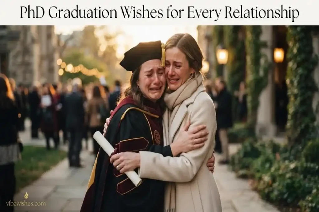  "Person and PhD graduate sharing emotional embrace at doctoral graduation representing PhD graduation wishes for every relationship"