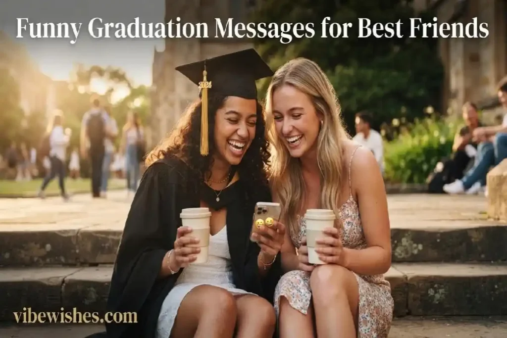  "Graduate and best friend laughing together on university steps over funny graduation message representing humorous graduation wishes for best friends"