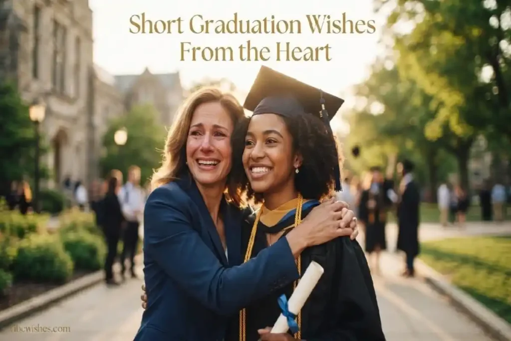 "Proud parent hugging graduate child in cap and gown outdoors on campus with warm golden light"