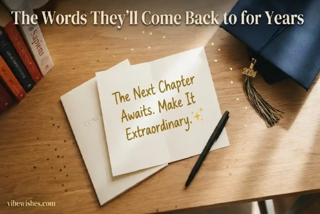 "Open graduation card with bold handwritten inspirational message on warm oak desk with graduation cap and gold pen"