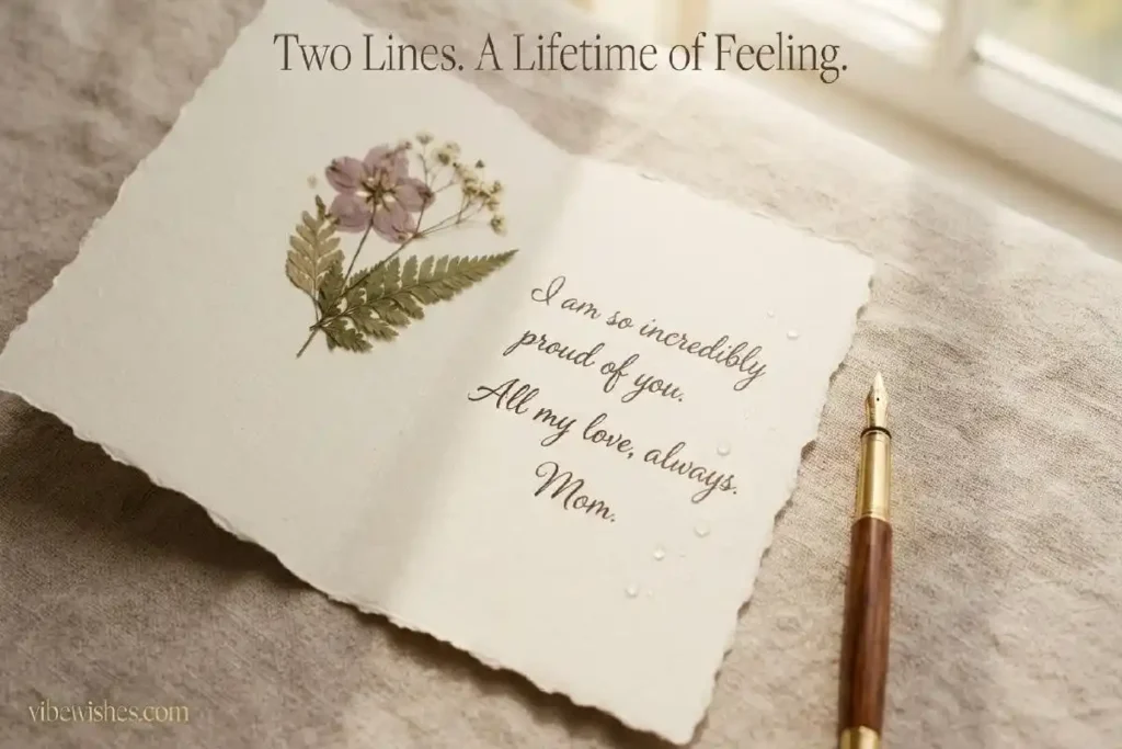  "Cream graduation card with emotional handwritten message and dried flower on soft linen surface representing short emotional graduation wishes"