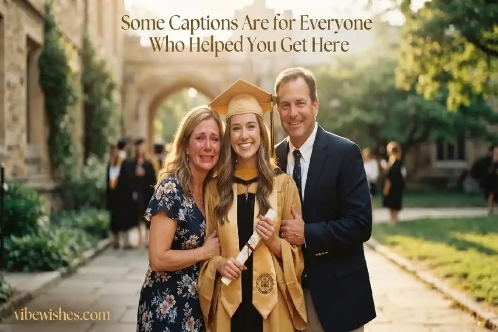 "Graduate standing between proud tearful parents in warm golden sunlight holding diploma representing graduation Instagram captions for family"