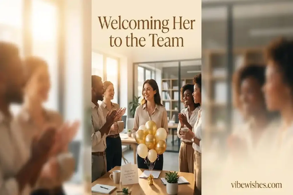 "New employee smiling while coworkers welcome her with a birthday card and balloons"