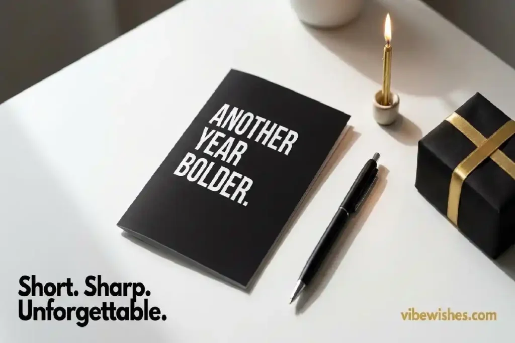  "Minimal office desk with bold birthday card showing short punchy funny coworker birthday message ideas"
