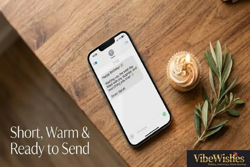 "Smartphone displaying short birthday message in chat app showing quick birthday wishes for new colleague"