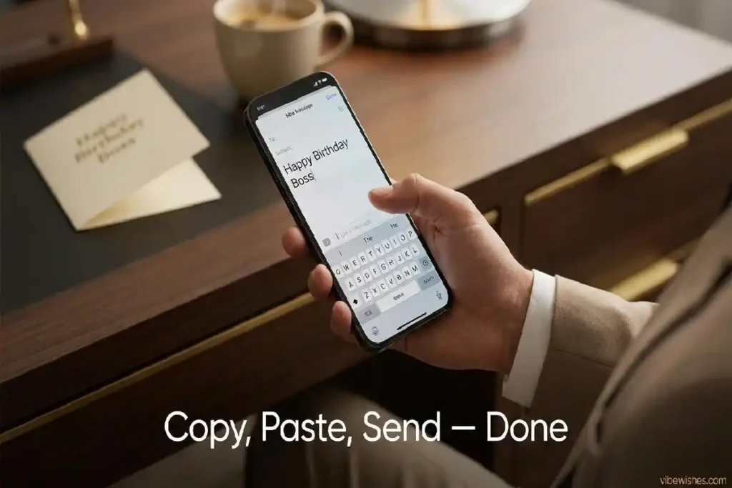 "Hand holding smartphone with birthday message ready to send showing short birthday wishes for boss to copy and paste"