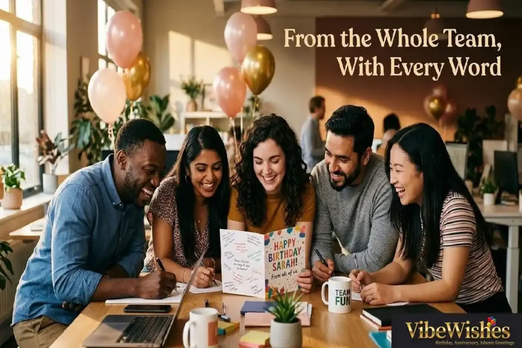  "Office team signing birthday card together showing short birthday wishes for coworker from the whole team"