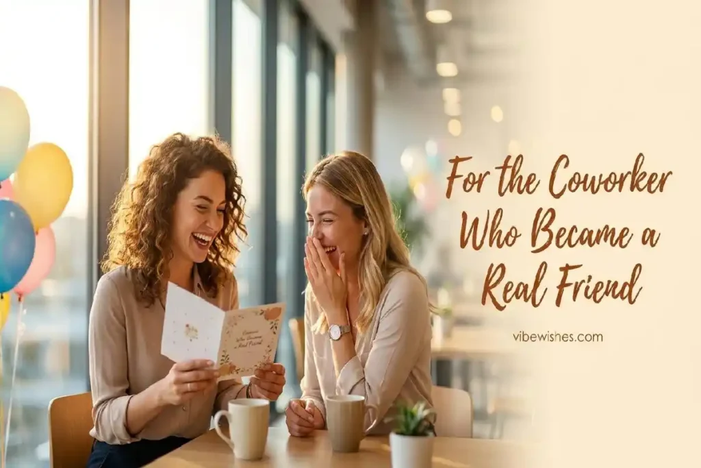 "Two work friends laughing together over a birthday card in an office break room showing heartfelt birthday wishes for a work friend"