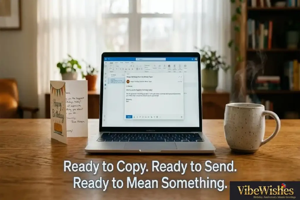 "Laptop showing group birthday email being composed for manager representing copy and paste collective birthday wishes from team ready to send"