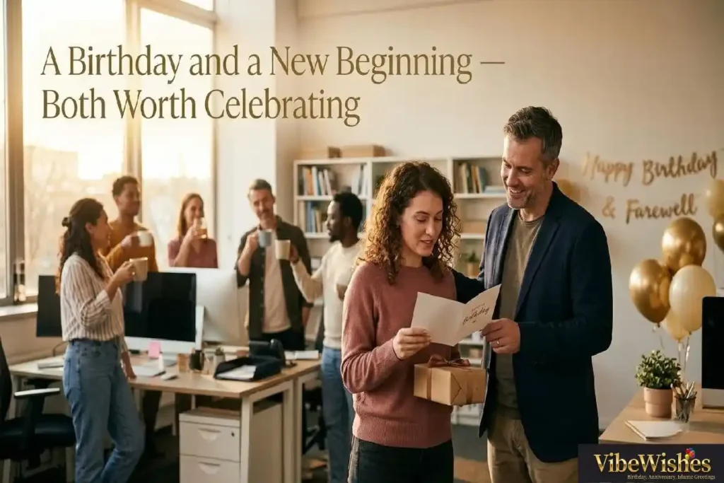  "Manager celebrating departing employee's birthday with team representing birthday wishes for employee who is leaving from a proud manager"