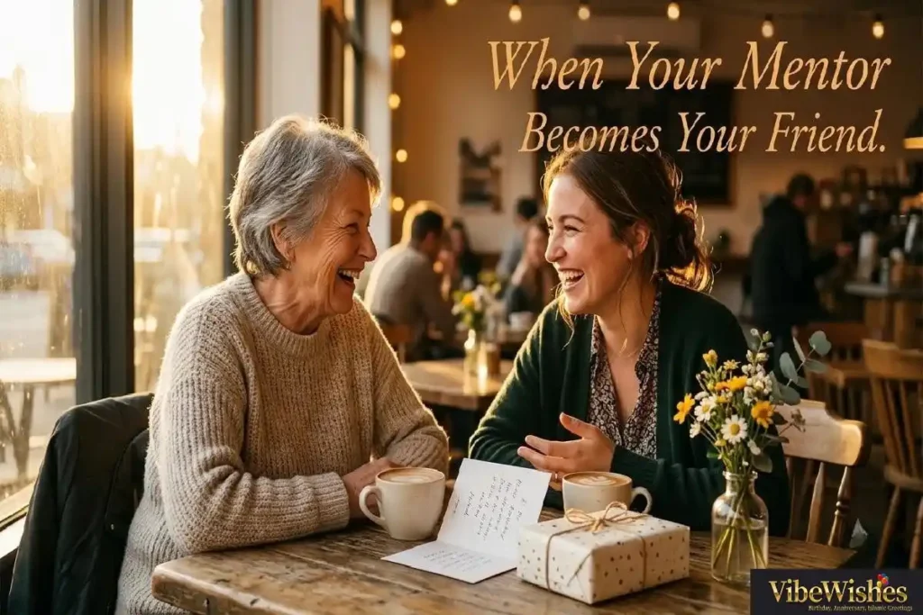 "Two people laughing together over coffee with birthday card representing birthday wishes for mentor who became a genuine friend over years of shared history"