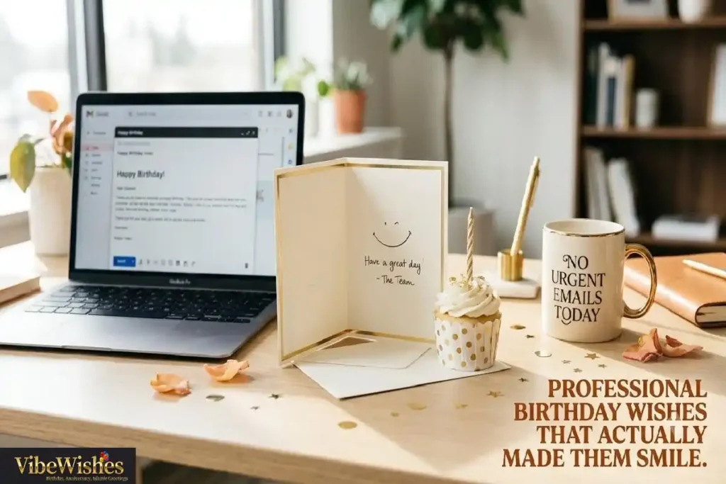 "Playful professional birthday desk scene with cupcake and laptop email representing funny birthday wishes for client that are warm professional and genuinely amusing"